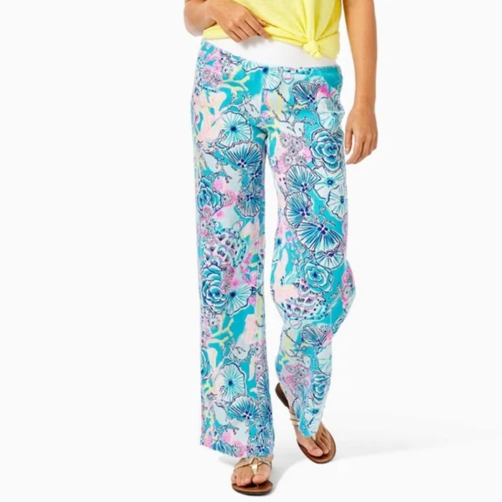 Beach Mid Rise Linen Palazzo Pant in Bali Blue Once Upon A Tide small long